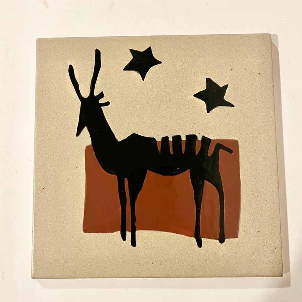 Elk Deer Stars Folk Art Tile 8X8 Signed ME EUC‎